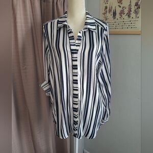 Lemon Tart V Neck Pullover Blouse White Black Stripes Roll Tab Sleeves Size XL